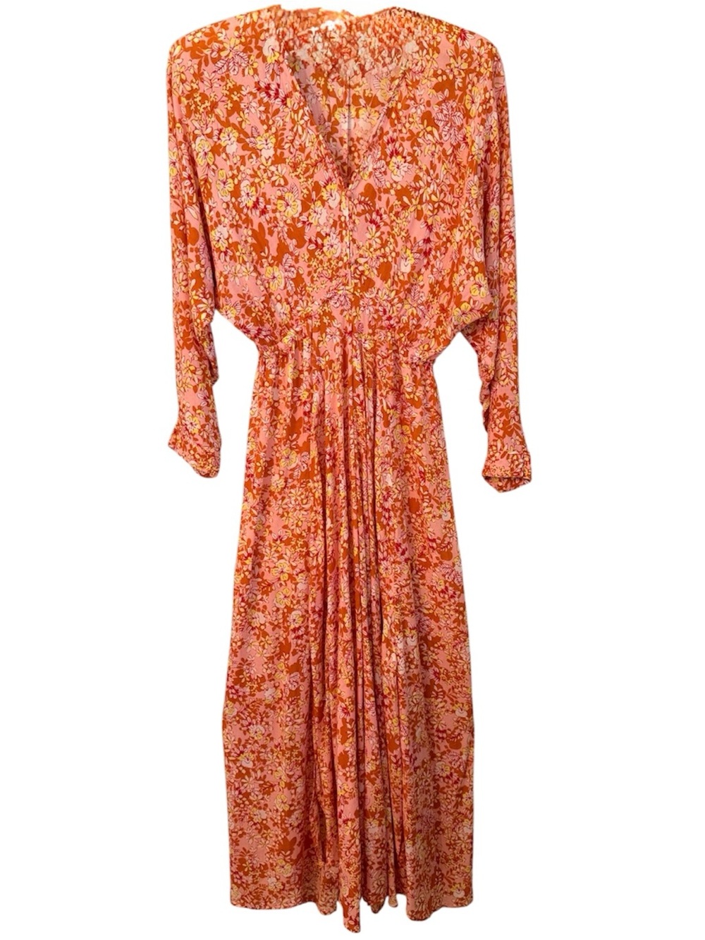 Poupette St Barth Floral Midi Dress Pink Orange Long Sleeve Size